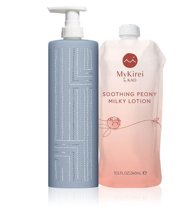 MyKirei by KAO Soothing Peony Milky Lotion in Sashiko Eco-Holder and Refill Bundle