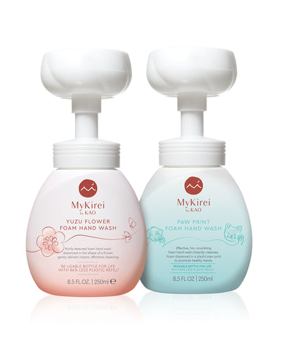 MyKirei by KAO Foam Hand Wash Set with a Yuzu Flower and Paw Print primary bottle.