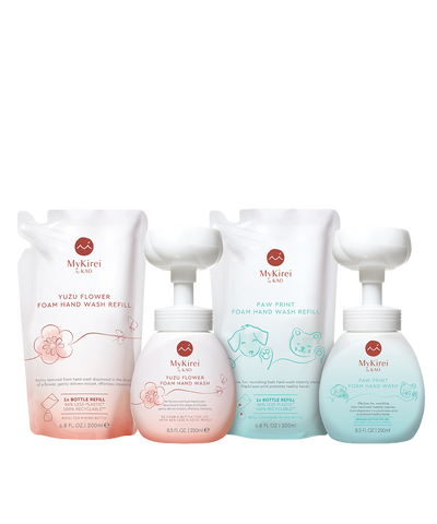 MyKIirei by KAO Foam Hand Wash + Refill Set with a Yuzu Flower Foam Hand Wash and Paw Print Foam Hand Wash and refill for each.